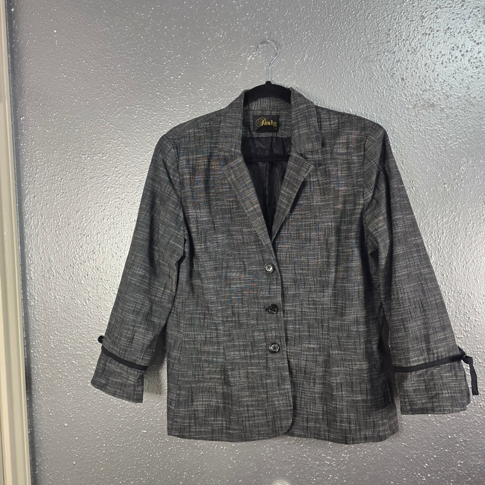 David Paul New York Womens Gray Textured Bow Cuff 3 Button Blazer Jacket